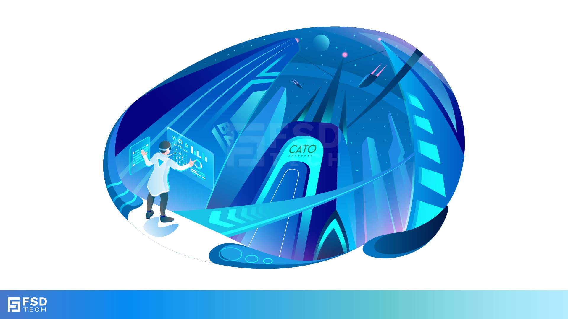 Illustration of a futuristic digital environment with a person interacting with virtual screens, showcasing a high-tech cityscape with "CATO Networks" at the center, representing secure and scalable network infrastructure by FSD Tech.