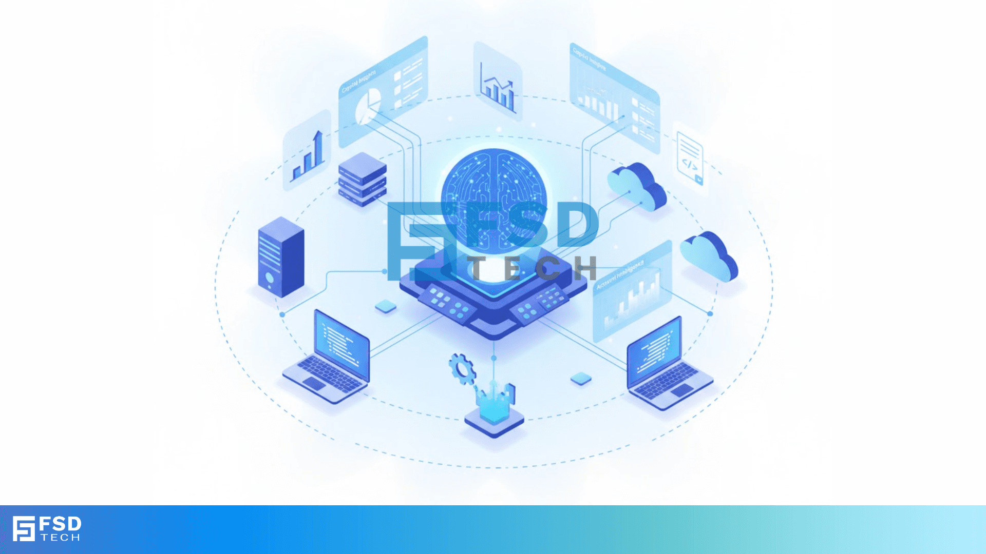 Isometric digital illustration showing AI intelligence at the center connecting multiple systems — laptops, servers, databases, and cloud platforms. The central glowing brain symbolizes Atera Copilot Insights and Account Intelligence, with data flow lines linking graphs, dashboards, and analytics panels. FSD Tech branding appears at the bottom, reinforcing the concept of unified intelligent automation for IT operations.