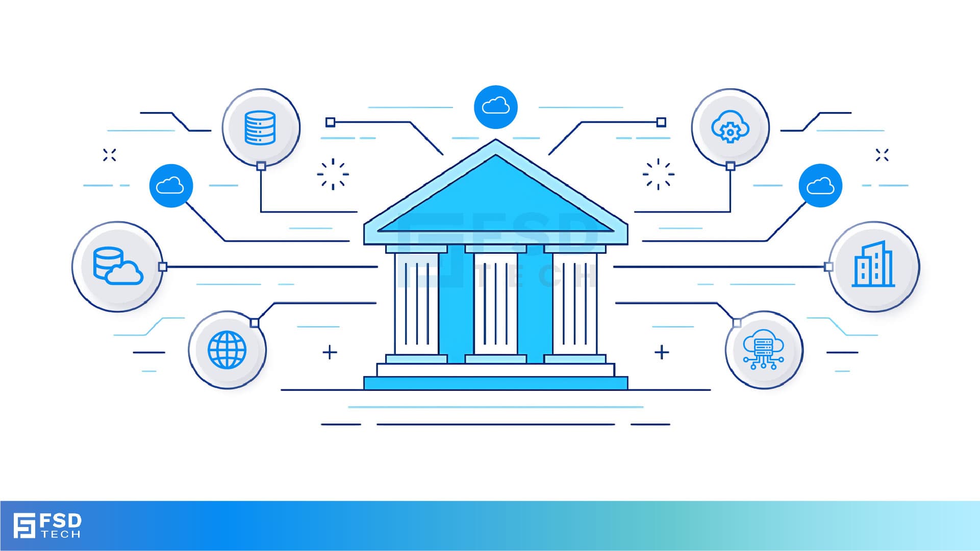 Vector illustration of a government building connected to cloud, database, network, AI, and infrastructure icons, representing Cato SASE security for GCC government agencies.