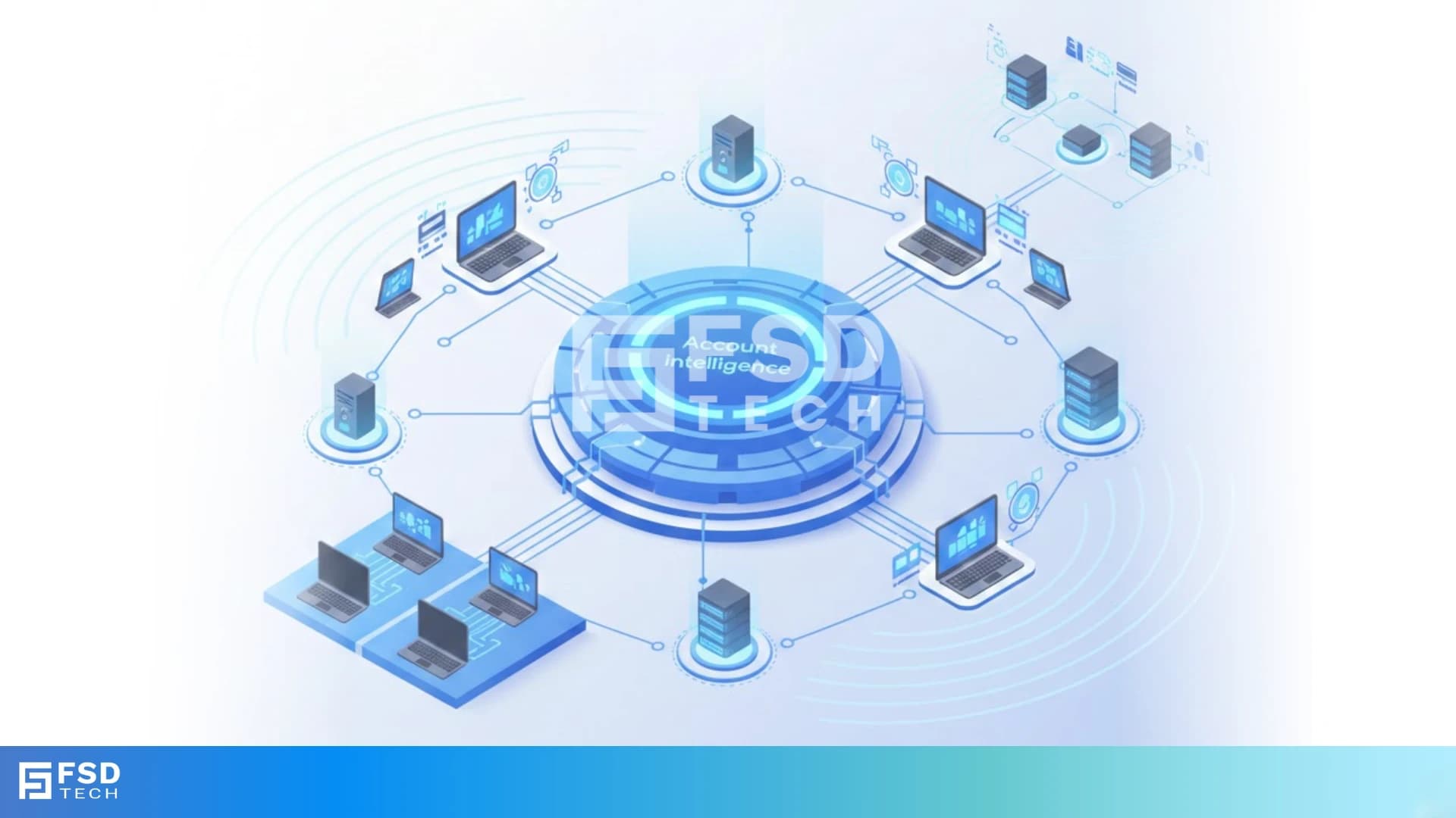 Isometric illustration of Account Intelligence as a central platform connecting laptops, servers, and network devices, representing real-time device visibility, lifecycle management, discovery of unmanaged assets, and synchronized inventory across IT environments.