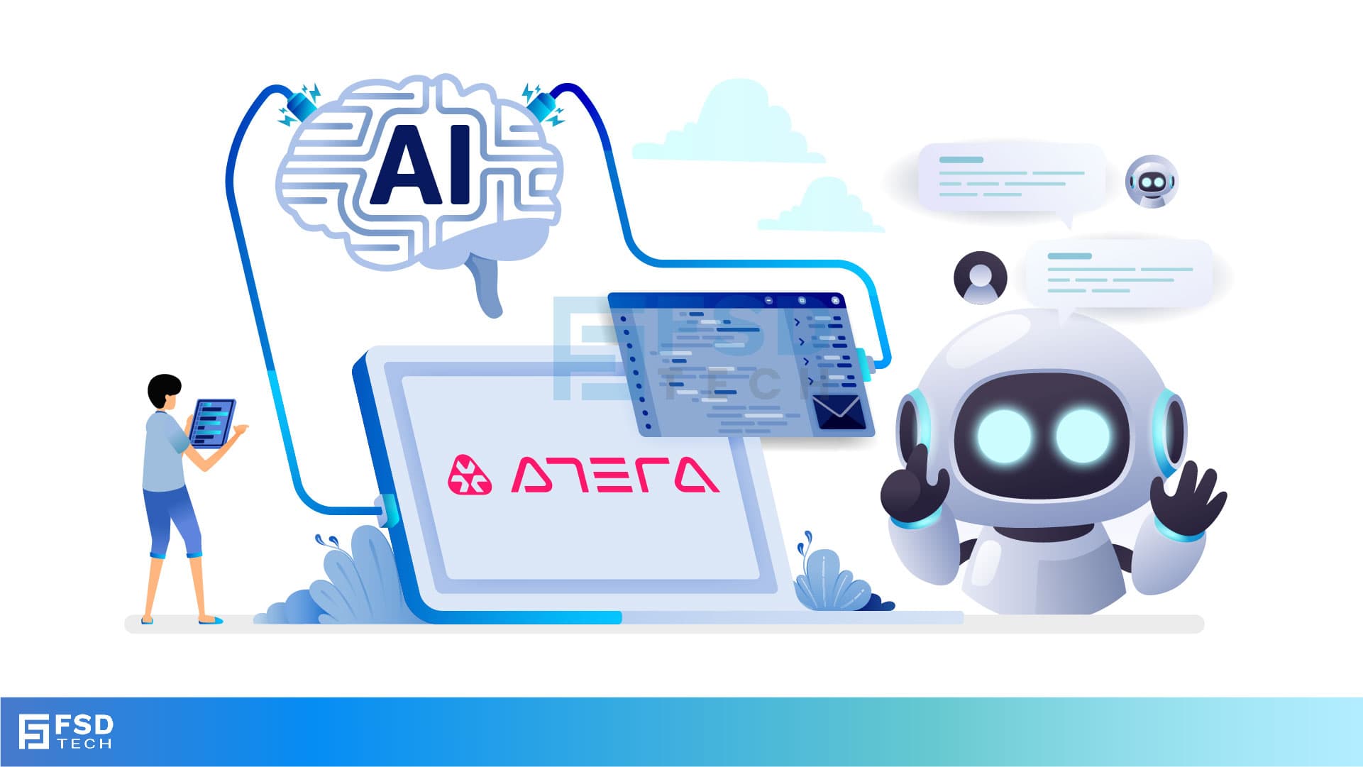 Illustration of AI-powered automation with Atera platform, featuring a friendly robot, digital workflows, and smart IT management integration by FSD Tech.