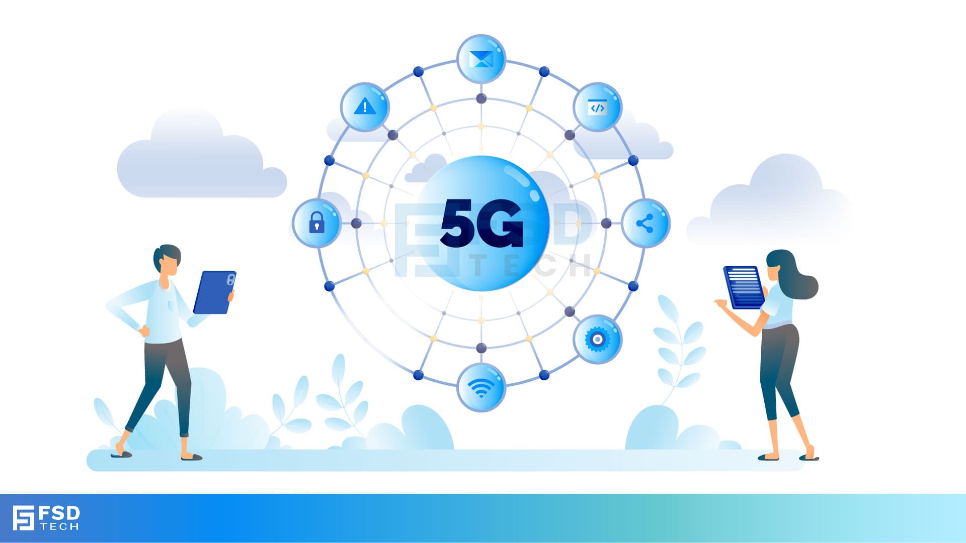 llustration of 5G network ecosystem showing secure connections across devices, cloud, and applications with FSD Tech branding.