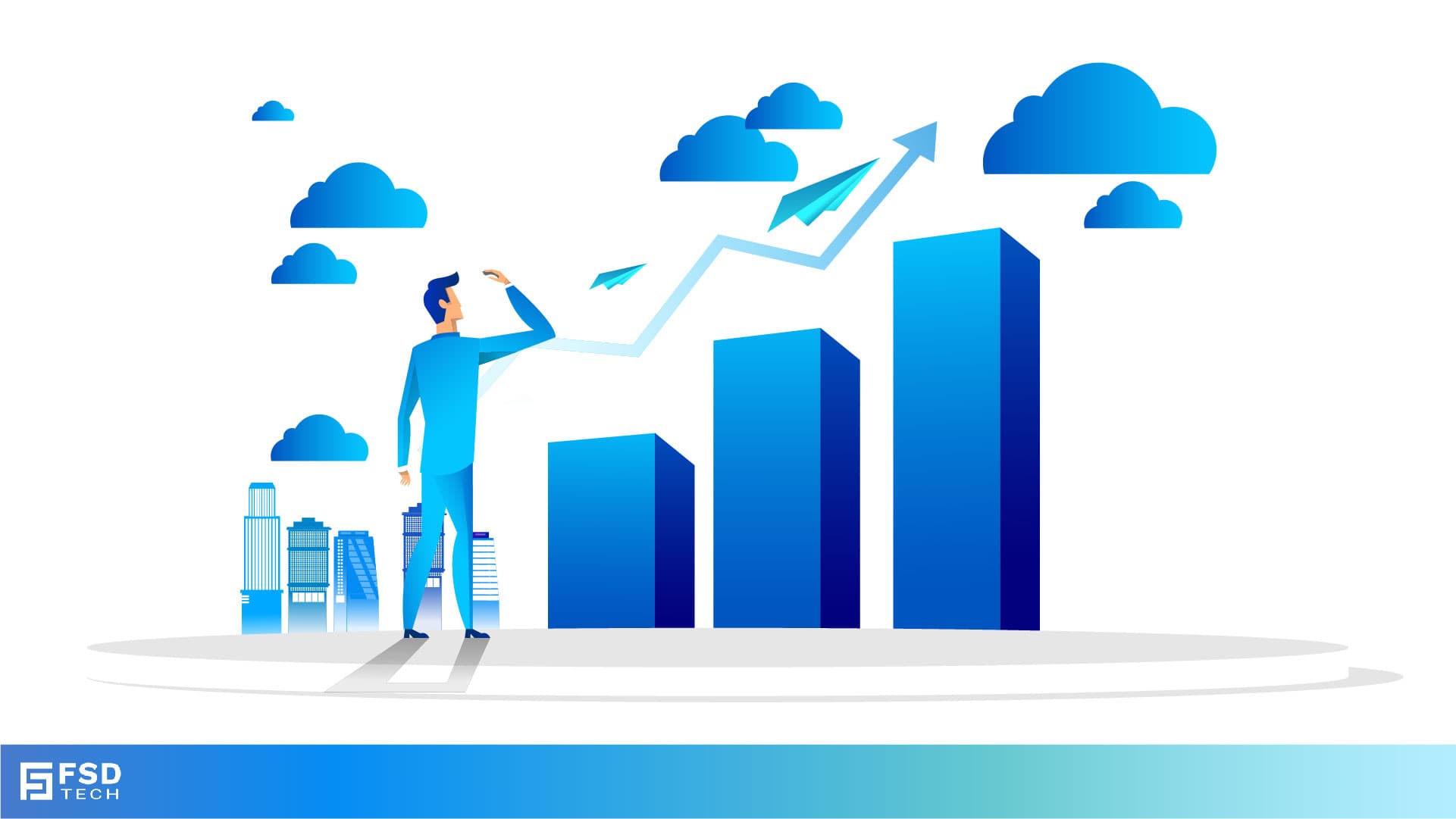 Illustration of a business professional analyzing upward bar graphs with cloud elements and paper planes, symbolizing growth, scalability, and cloud-driven success.