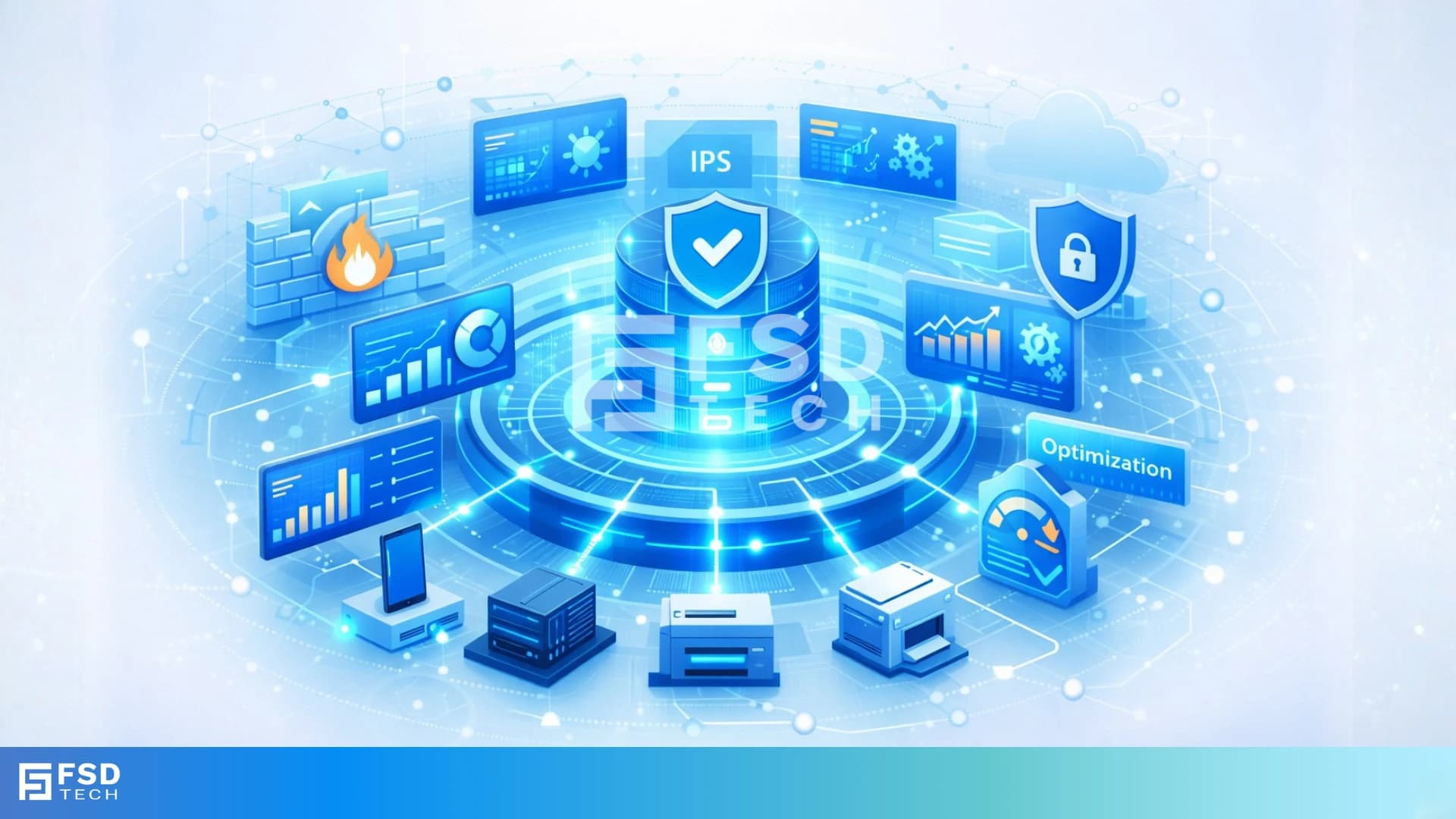 Illustration showing a centralized security and analytics platform with connected enterprise devices, dashboards, firewall, IPS, and optimization modules, representing real-time device intelligence and security enforcement in a cloud-based network.