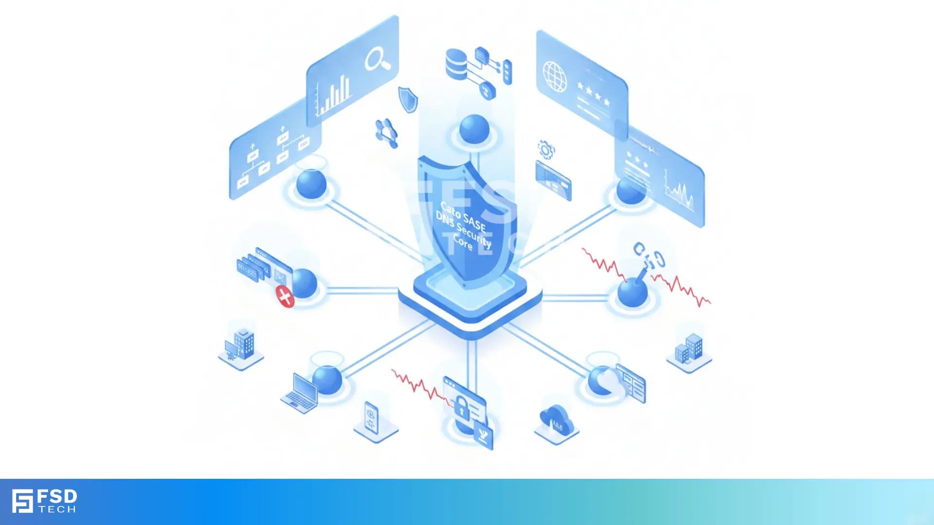 Illustration of Cato SASE DNS security architecture showing centralized DNS inspection, threat intelligence, and real-time protection across users, devices, branches, and cloud workloads, preventing DNS-based attacks through a unified SASE platform.