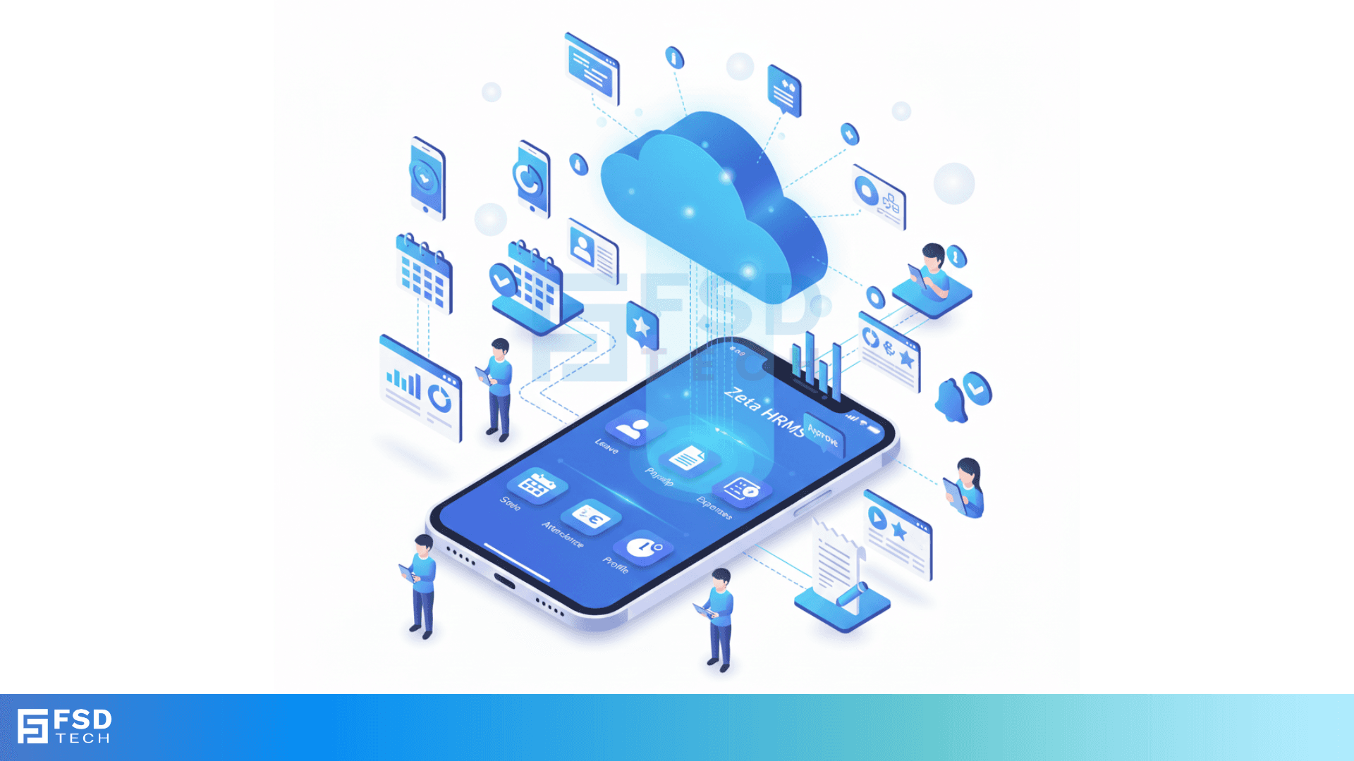 Zeta HRMS Mobile ESS cloud-based HR platform illustration — employees accessing payroll, leave, attendance, and profiles from mobile devices with real-time synchronization for businesses in UAE, Dubai, GCC, and Africa.