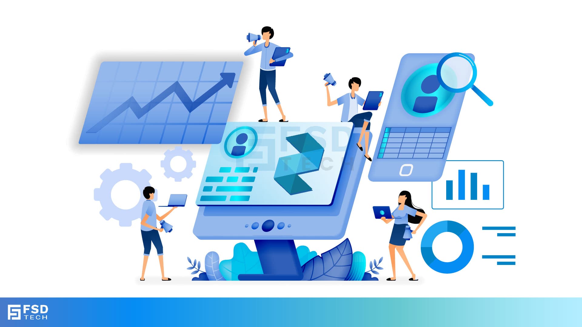 Illustration showing employees managing financial data and analytics using a digital HR system, representing Zeta HRMS loan and advance management features.
