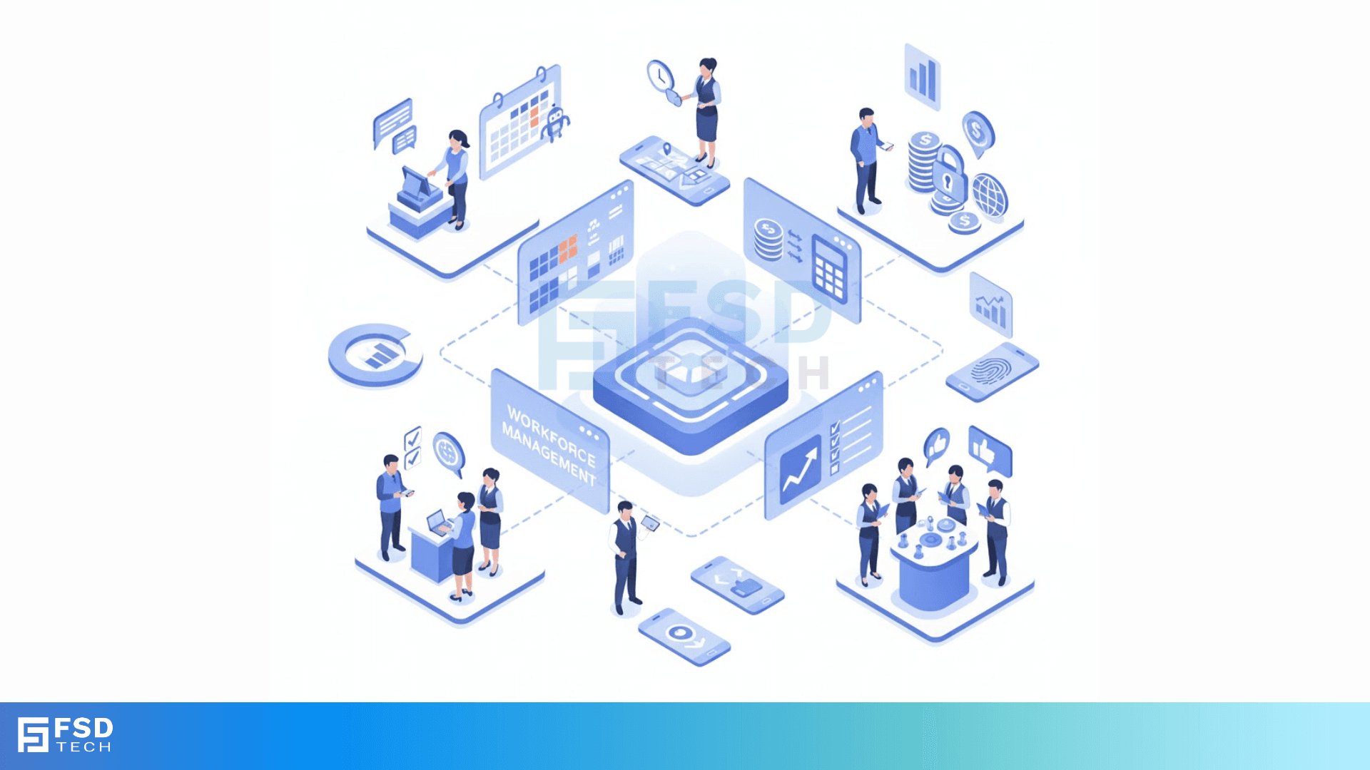 Isometric illustration showing Zeta HRMS workforce management platform connecting scheduling, attendance, payroll, analytics, and employee self-service to support scalable operations during seasonal demand.
