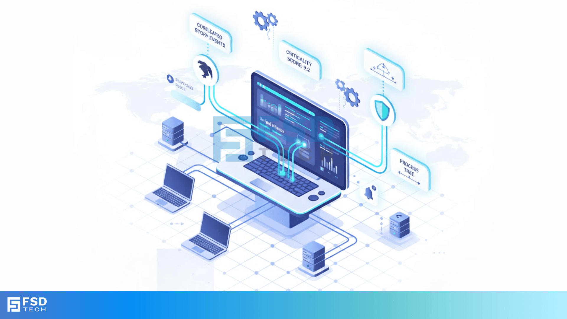 3D isometric illustration showing Cato XOps unified network investigation dashboard. Central laptop screen displays correlated story events, process tree, and criticality scores with data flows from multiple connected devices and servers, symbolizing integration with CrowdStrike and SentinelOne.