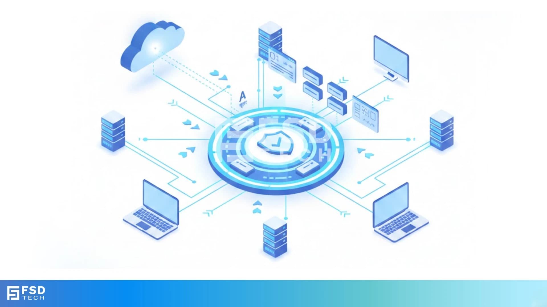 Isometric illustration showing a centralized IT monitoring and automation platform connecting cloud services, servers, laptops, and dashboards, representing thresholds, alerts, secure data flow, and automated remediation across distributed systems.