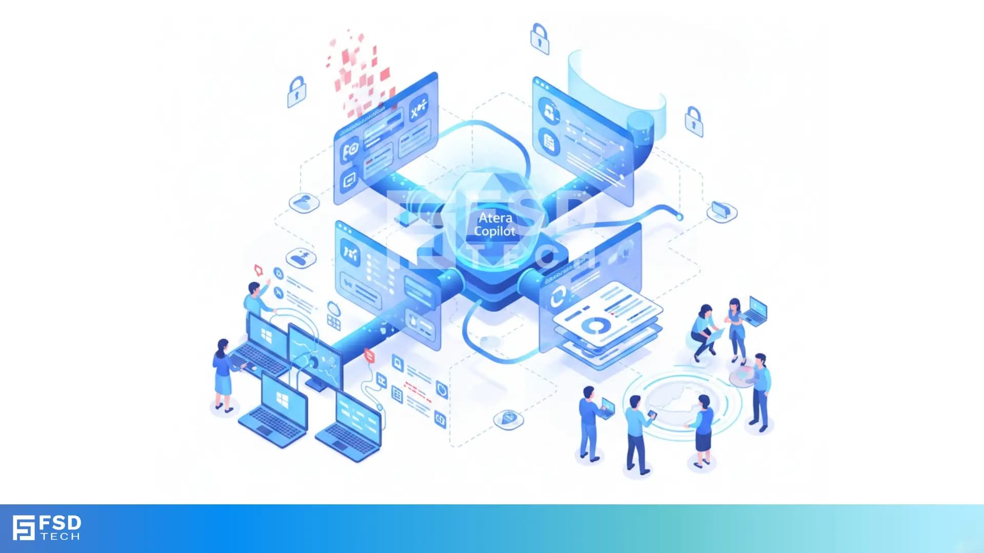 Isometric illustration showing Atera Copilot generating AI-powered remote session summaries, connecting multiple devices, dashboards, and IT teams to automate documentation, improve visibility, and support MSP operations.