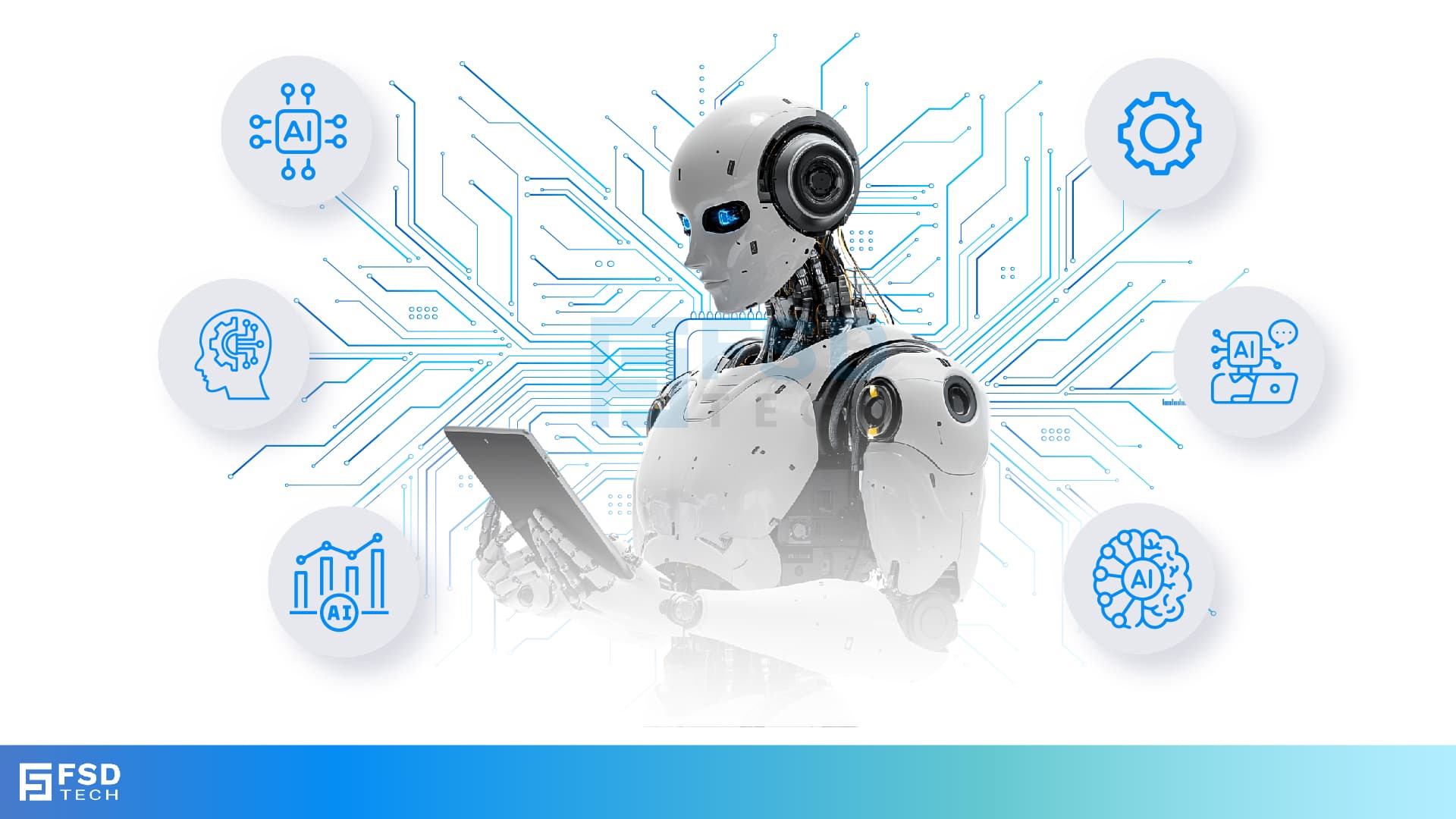 Futuristic humanoid robot using a tablet, surrounded by AI technology icons including machine learning, automation, data analytics, and neural networks, with digital circuit lines in the background – FSD Tech