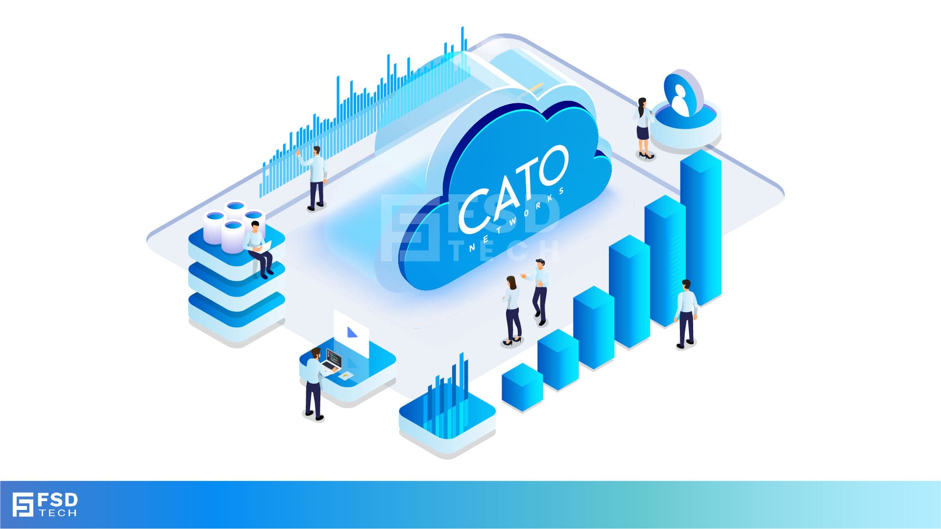 Isometric illustration of professionals managing network performance, bandwidth analytics, and cloud-based optimization around the Cato Networks platform, symbolizing bandwidth control and QoS visibility.