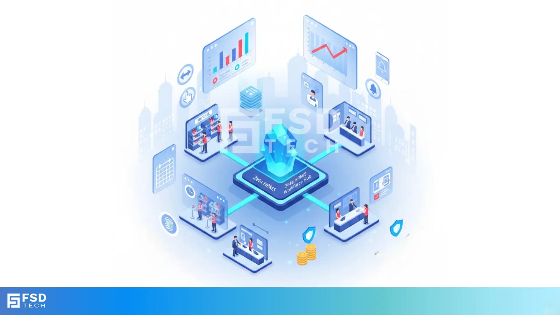 Illustration of Zeta HRMS workforce hub connecting scheduling, attendance, payroll, analytics, and compliance dashboards to manage seasonal staff efficiently in retail and hospitality environments.