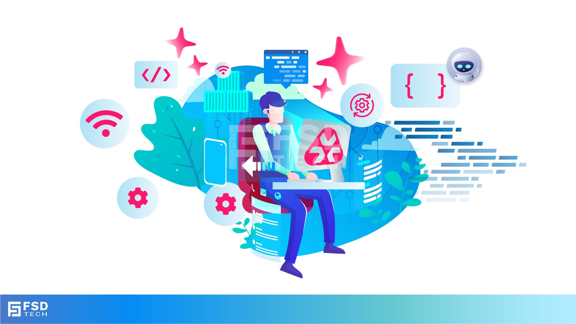 Illustration of an IT technician using Atera Copilot for script automation, surrounded by icons of AI, code, Wi-Fi, gear settings, and cloud infrastructure, symbolizing DIY IT management.