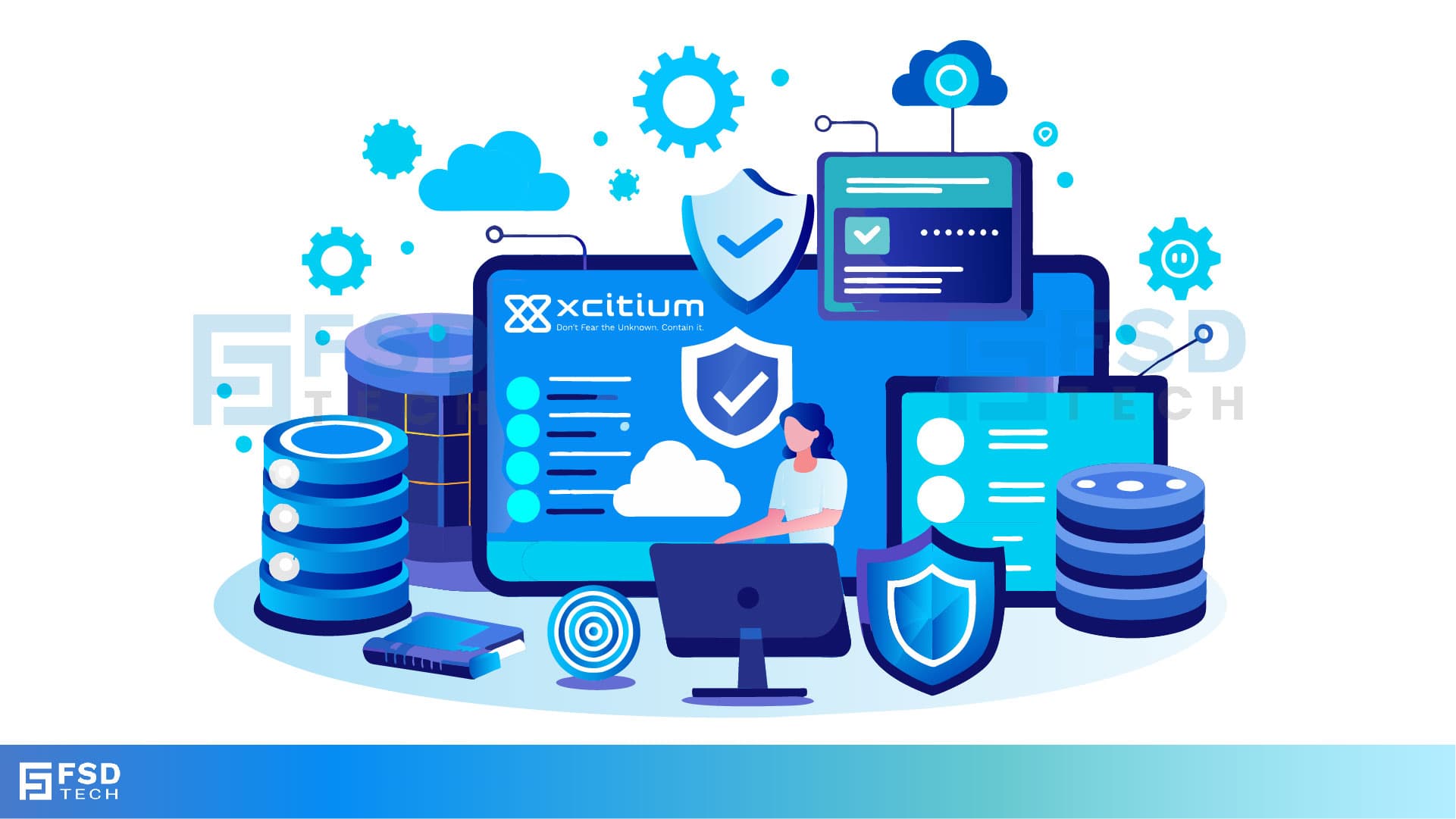 Xcitium Cybersecurity Illustration Showing Cloud Security, Compliance Management, And Zero Dwell Containment. Visual Depicts Data Protection, Continuous Monitoring, Threat Detection, And Regulatory Compliance For SMBs And Enterprises