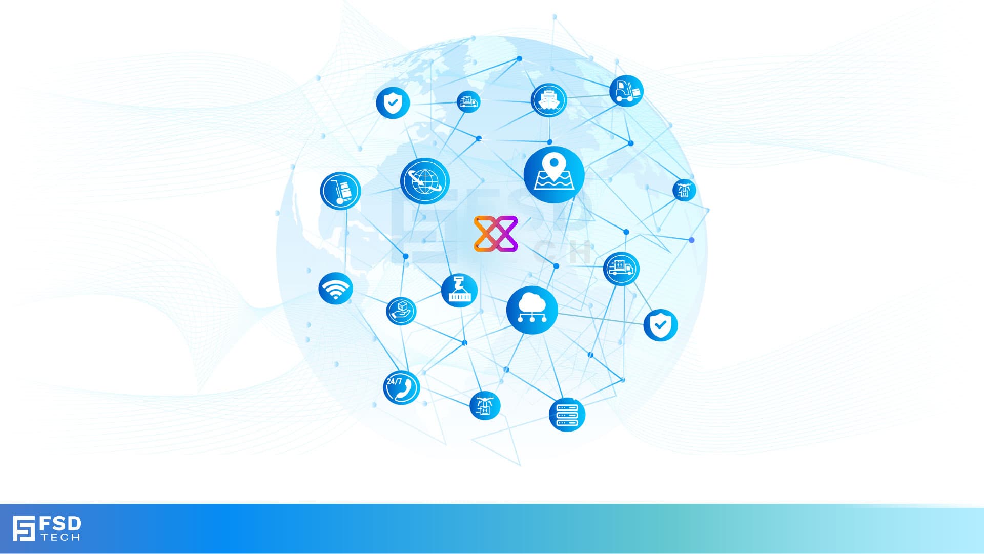 An abstract illustration of a global supply chain network. A stylized globe is at the center, surrounded by a web of interconnected icons representing various elements of logistics and cybersecurity. Icons include a phone, shield, location pin, server, drone, and a cloud. A colorful, intertwined 'X' symbol is at the center, representing data or network flow.