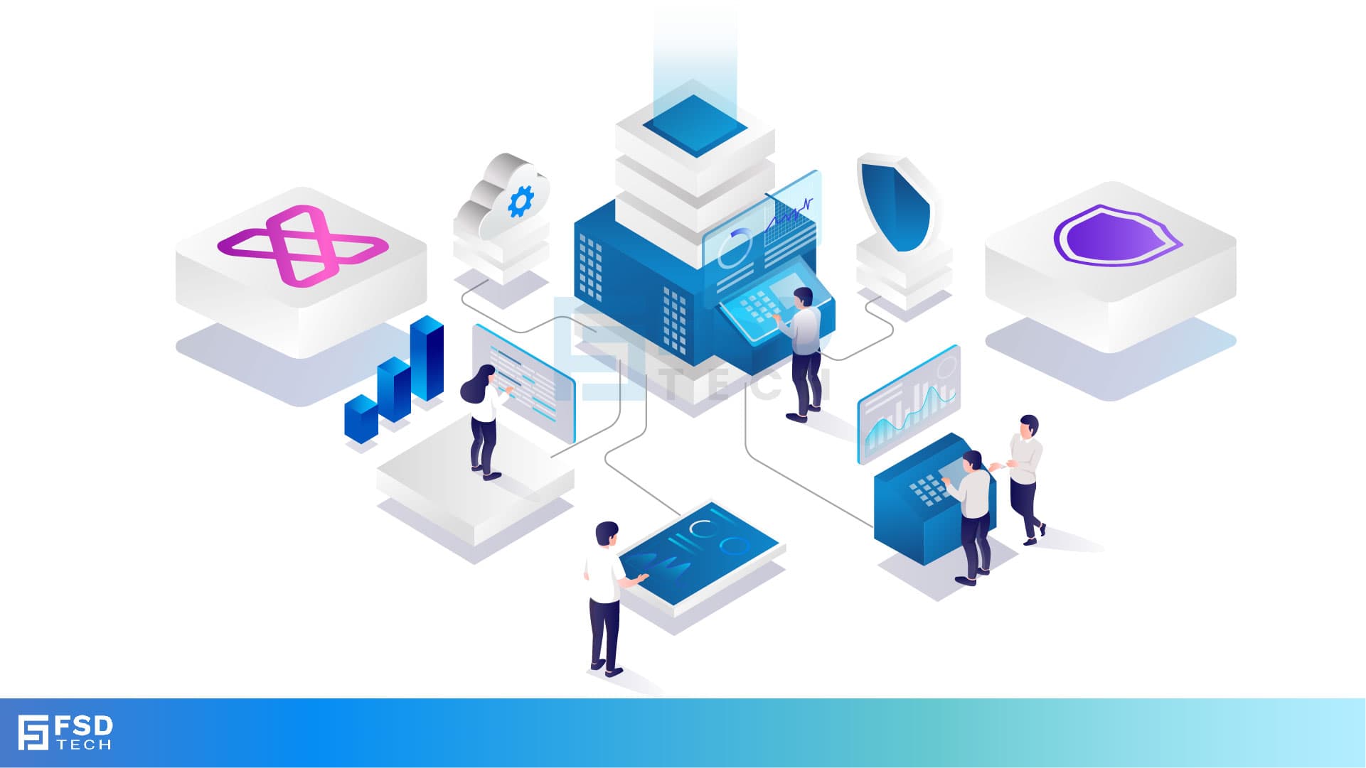 Isometric illustration of IT professionals managing cybersecurity systems with integrated dashboards, analytics, cloud security, and endpoint protection solutions, branded with FSD Tech.