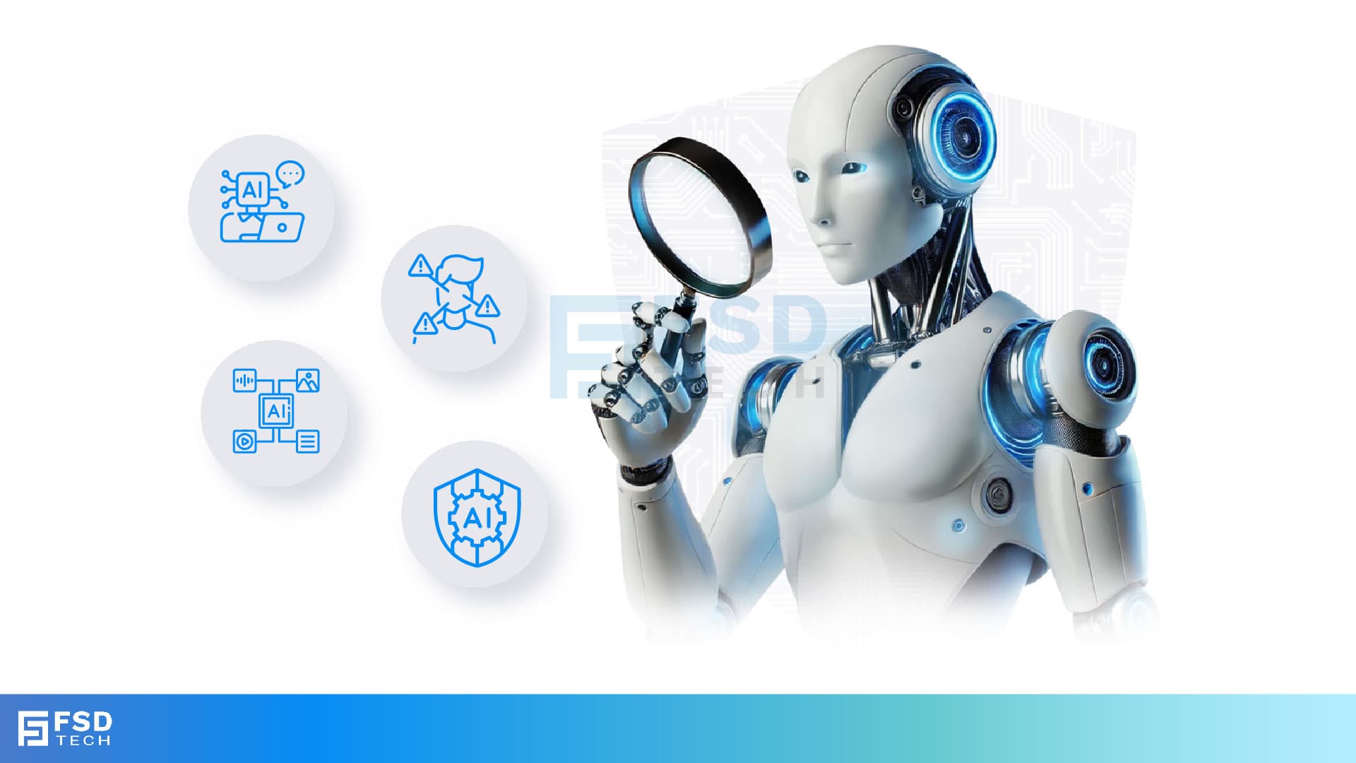 Humanoid robot with a magnifying glass, symbolizing PointGuard AI’s focus on detecting communication, risk alerts, data processing, and AI security threats, on an FSD Tech background.