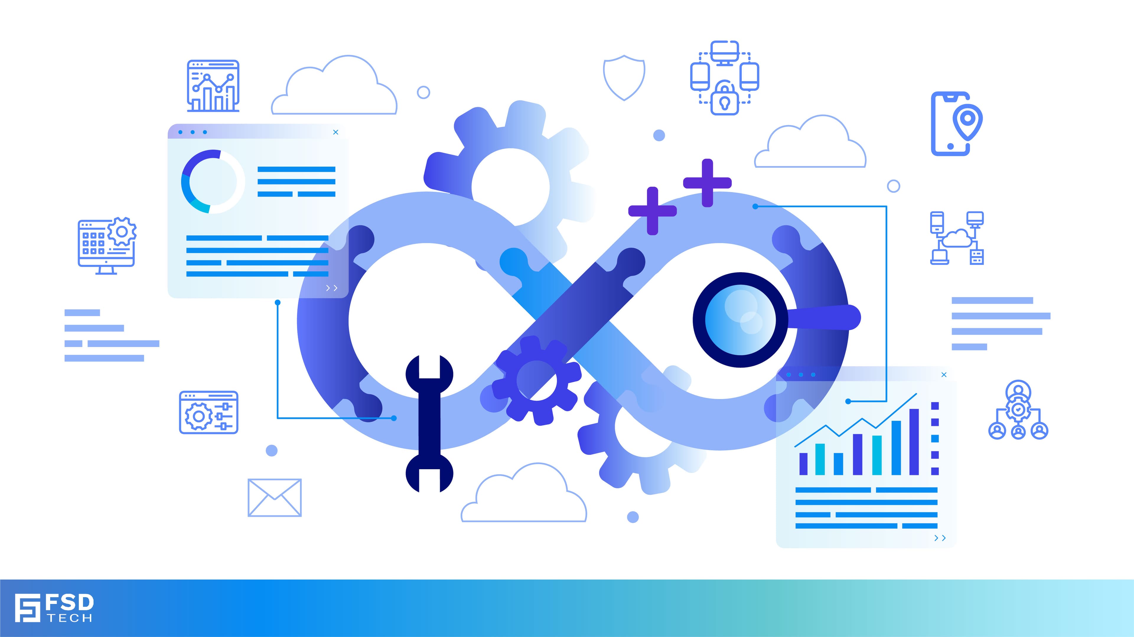 FSD Tech illustration of device lifecycle management represented by an infinity loop with gears, tools, graphs, cloud icons, and security elements, symbolizing continuous provisioning, monitoring, and retirement of devices.