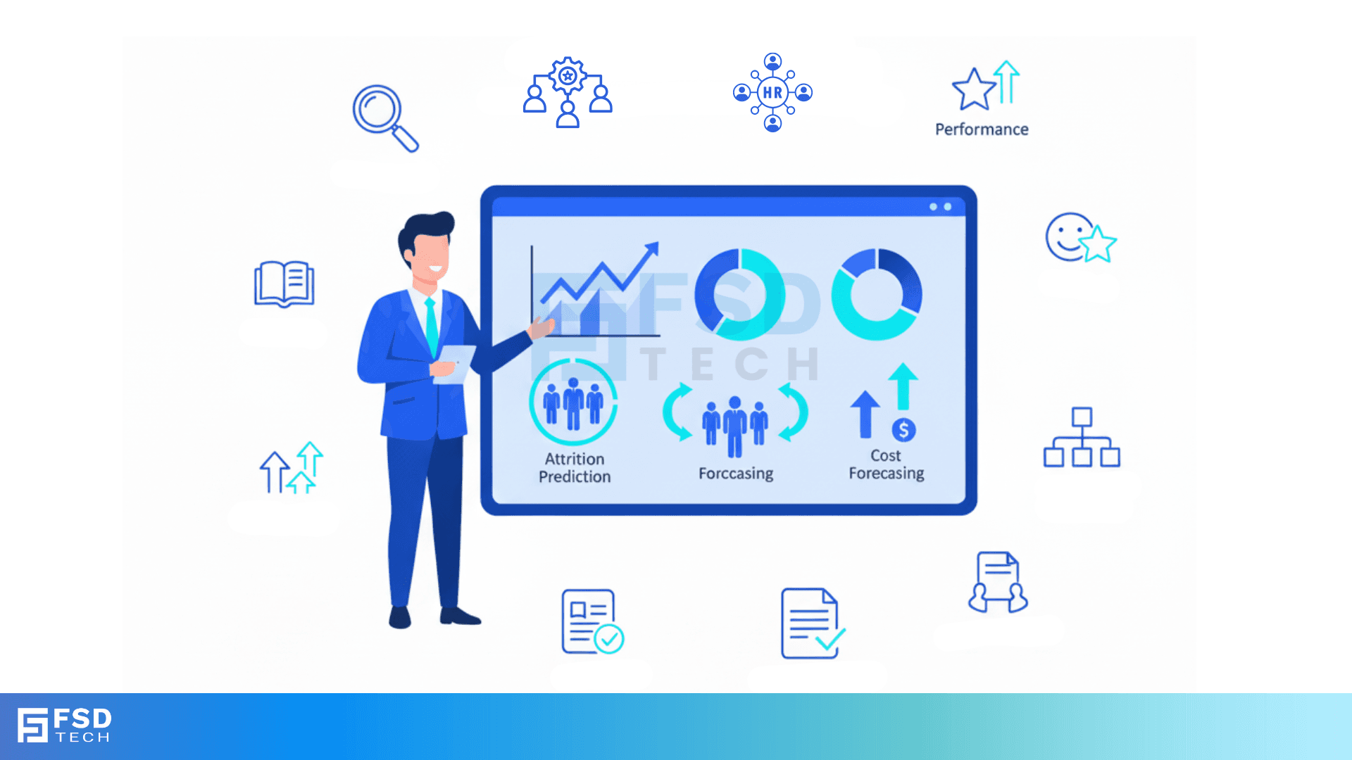 Illustration of Zeta HRMS predictive analytics dashboard with attrition prediction, workforce forecasting, and cost forecasting charts, highlighting smarter workforce planning for HR leaders.