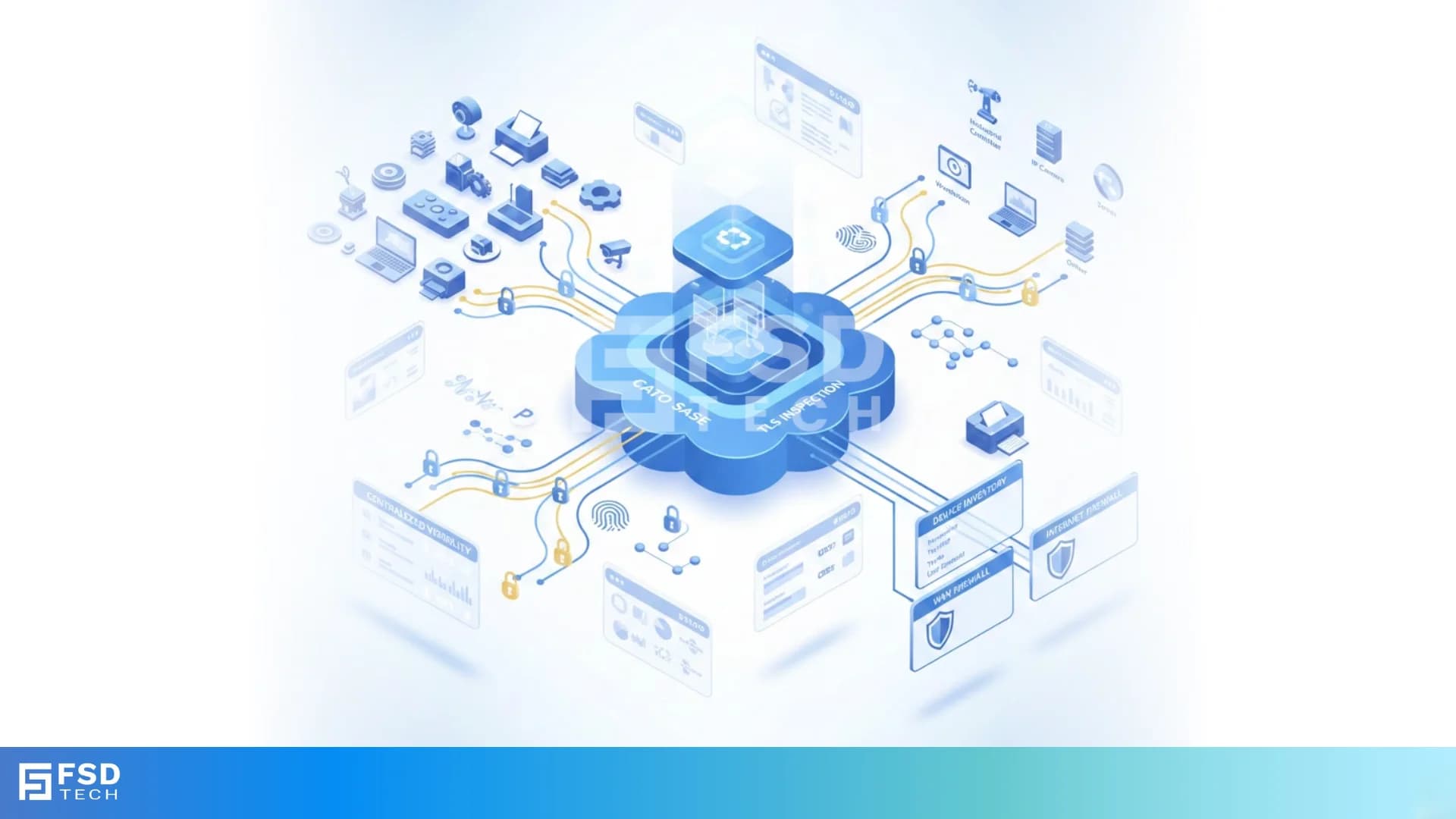 Isometric illustration showing Cato SASE performing TLS inspection in the cloud to decrypt encrypted traffic, analyze application-layer signals, and improve device classification for stronger segmentation and firewall policy accuracy.