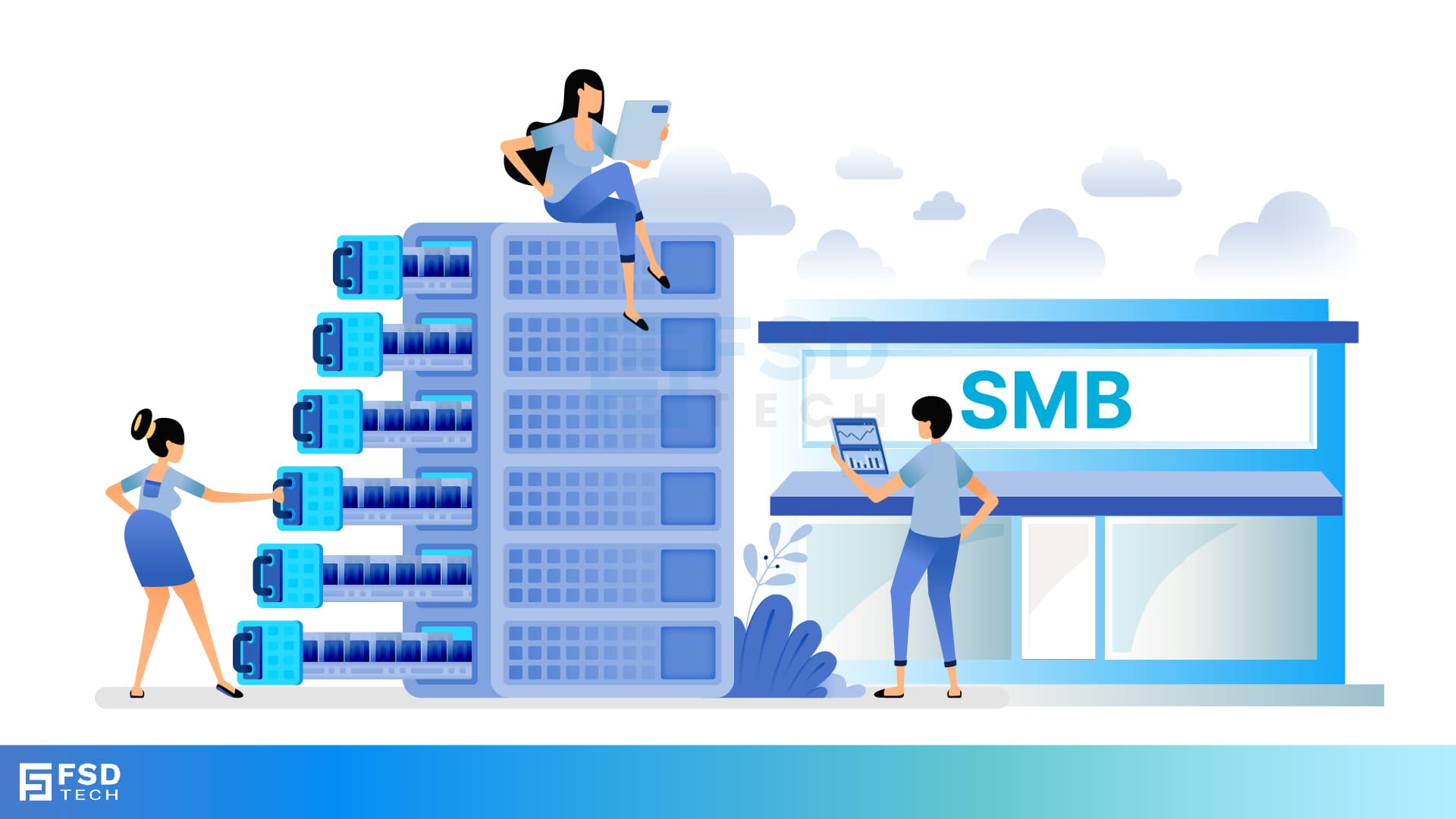 Illustration of SMB team managing large data servers, representing backup, recovery, and downtime prevention solutions for small and medium businesses.