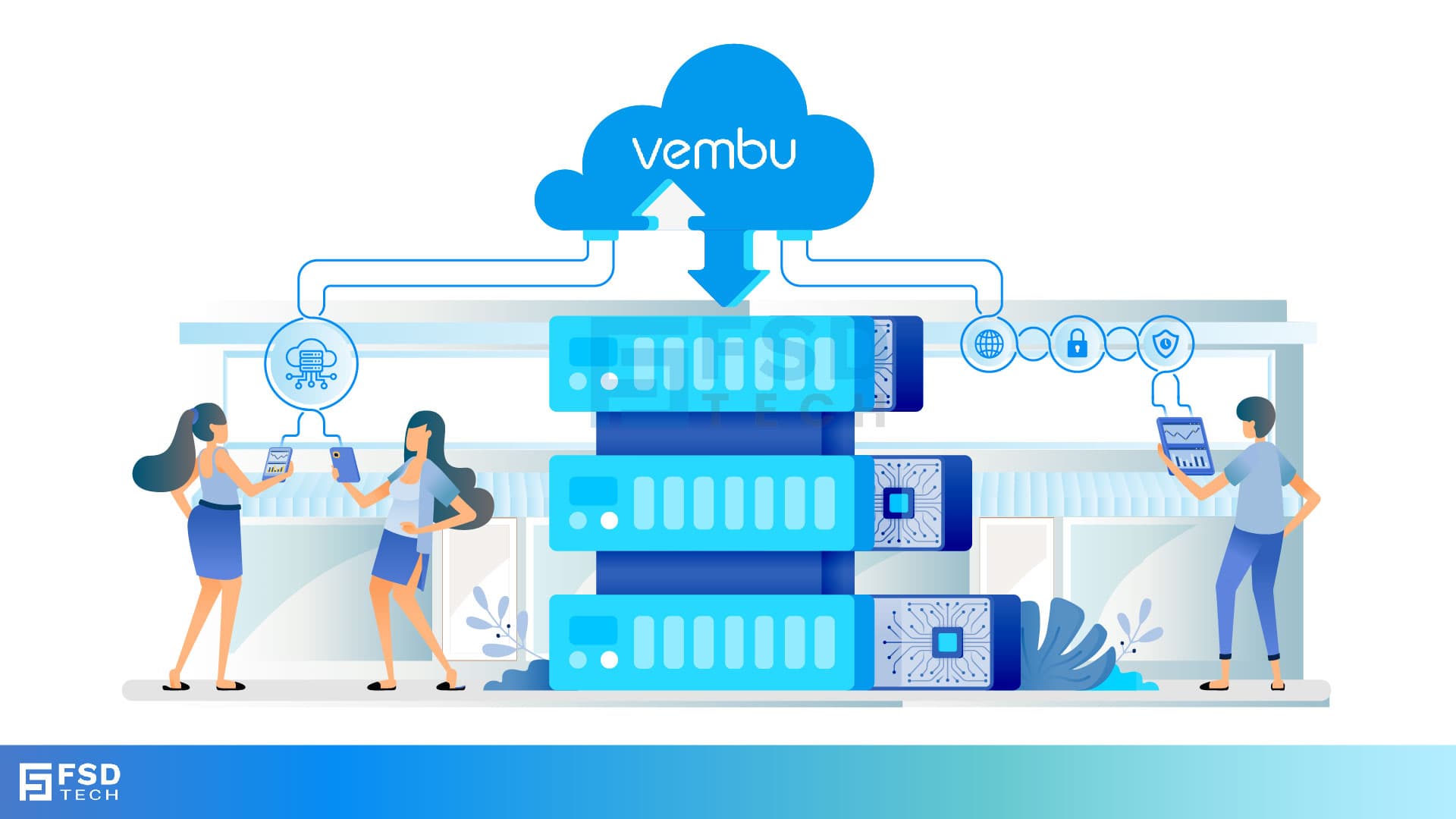 Illustration of Vembu cloud backup solution with servers and business professionals managing data protection, highlighting secure storage, data recovery, and system reliability with FSD Tech branding.