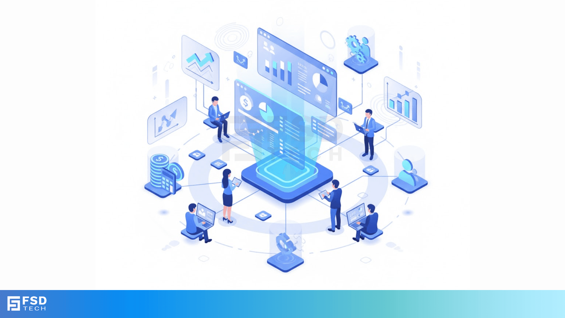 Isometric illustration showing professionals using Zeta HRMS workforce analytics tools with dashboards, charts, financial data, and performance insights connected through a centralized digital platform.
