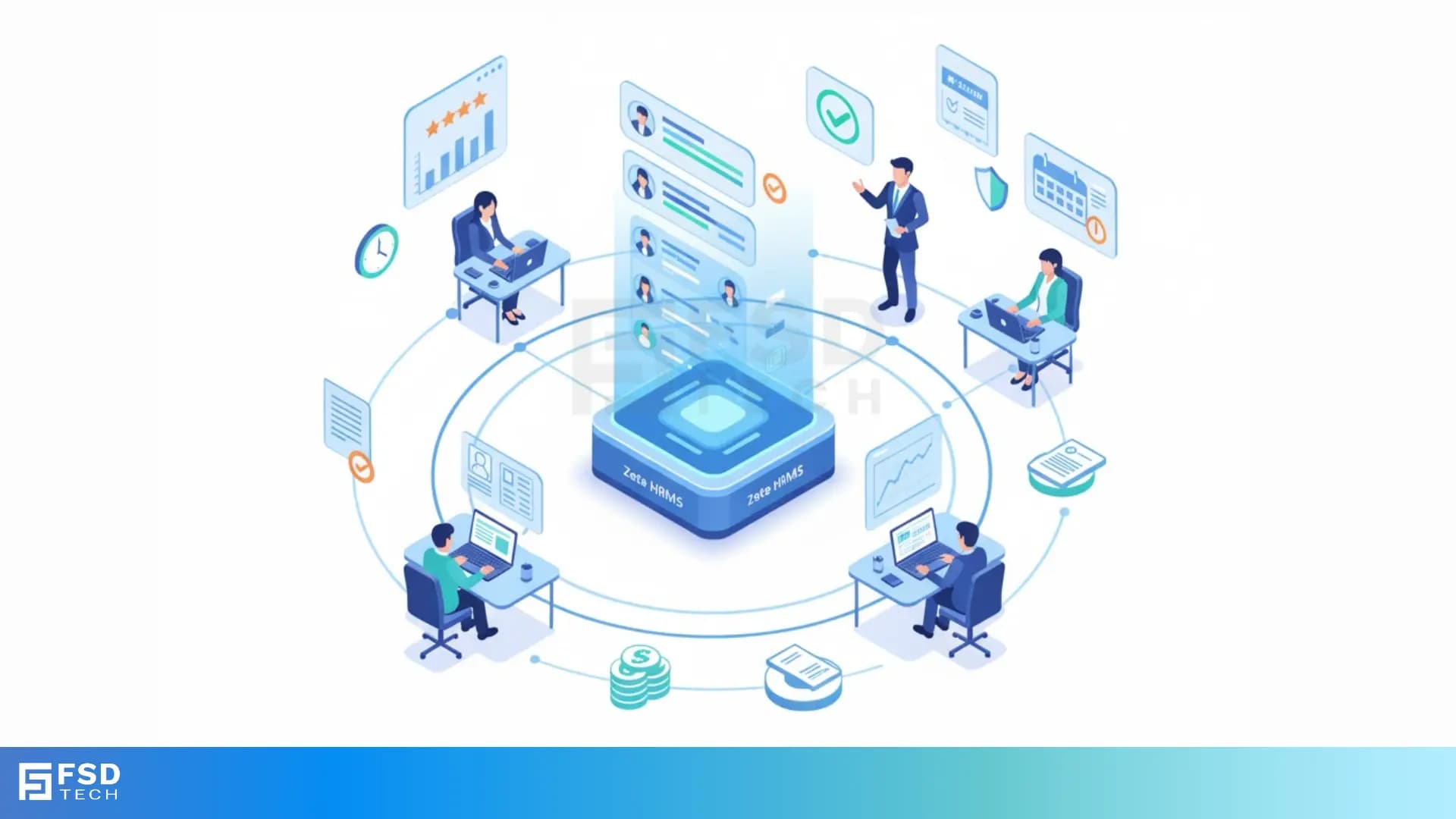 Isometric illustration showing Zeta HRMS predictive intelligence platform with HR teams analyzing dashboards and workforce metrics.