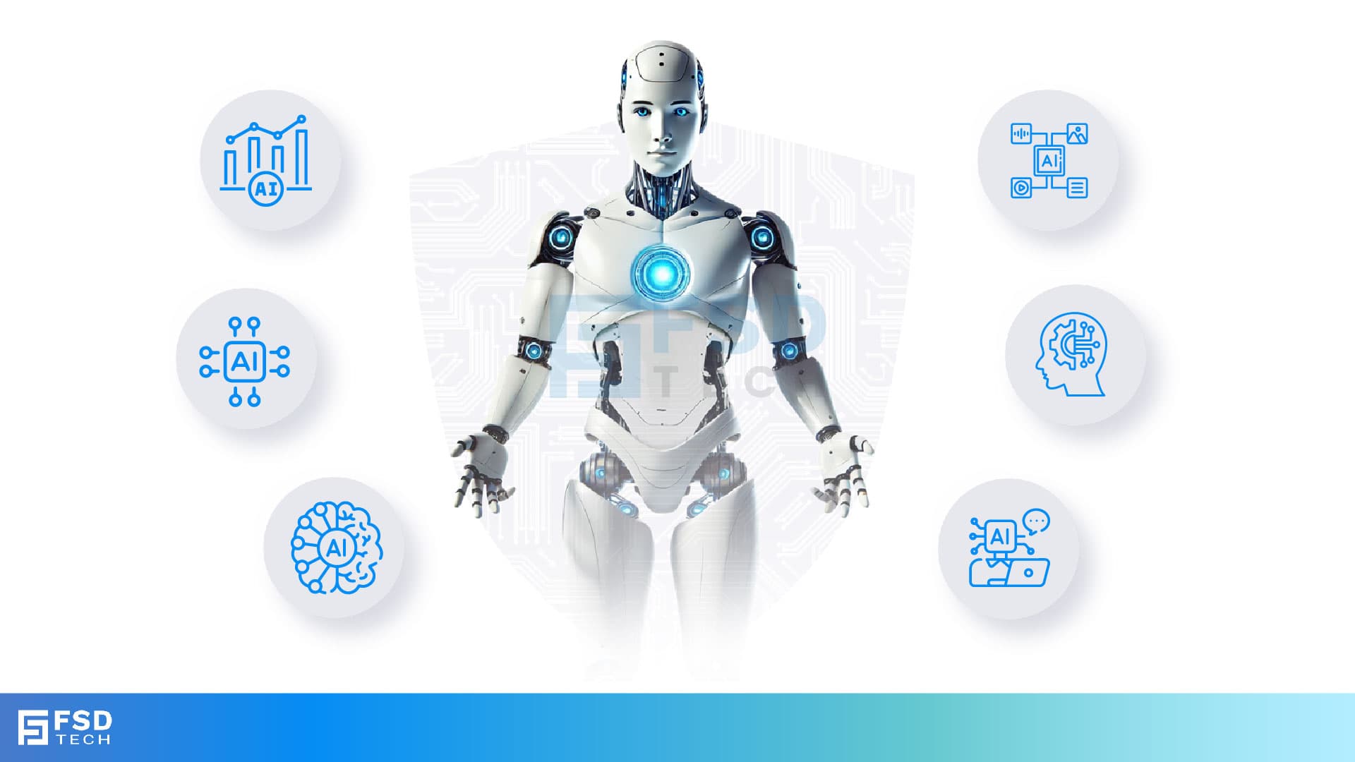 Humanoid AI robot surrounded by icons representing AI analytics, governance, automation, and machine learning, FSD Tech branding