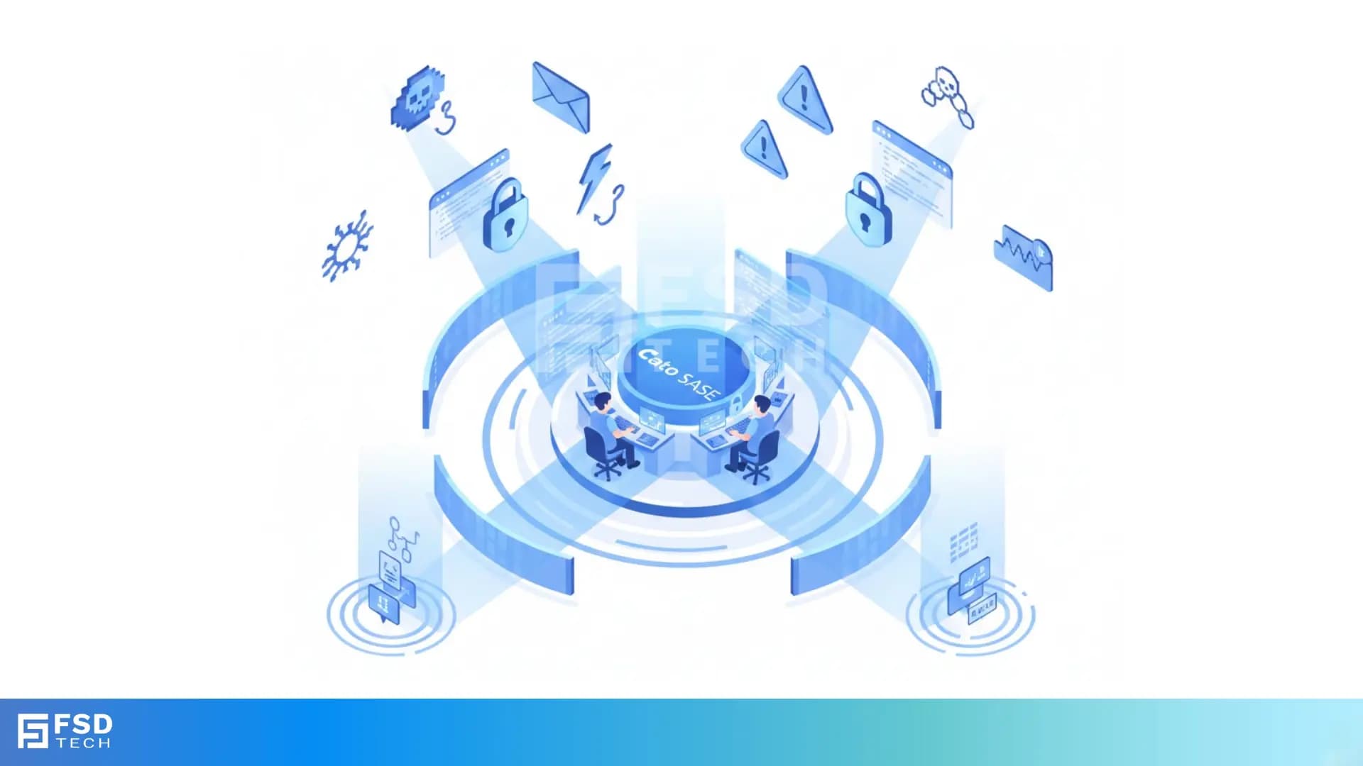 Isometric illustration of Cato SASE platform analyzing and blocking cyber threats with centralized cloud inspection. Shows security alerts, malware, phishing, vulnerability icons, and network visibility panels monitored by analysts through a unified SASE interface.
