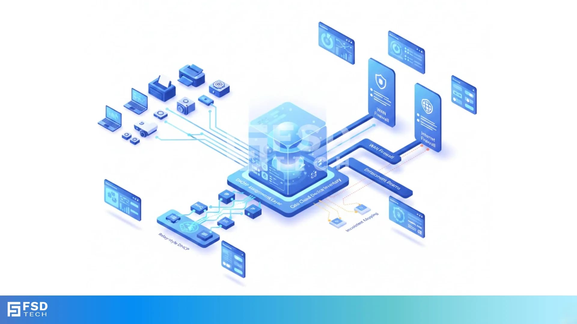 Isometric diagram showing Cato SASE device inventory analyzing network traffic, DHCP data, and device attributes to support WAN and Internet firewall enforcement and device-aware security policies.