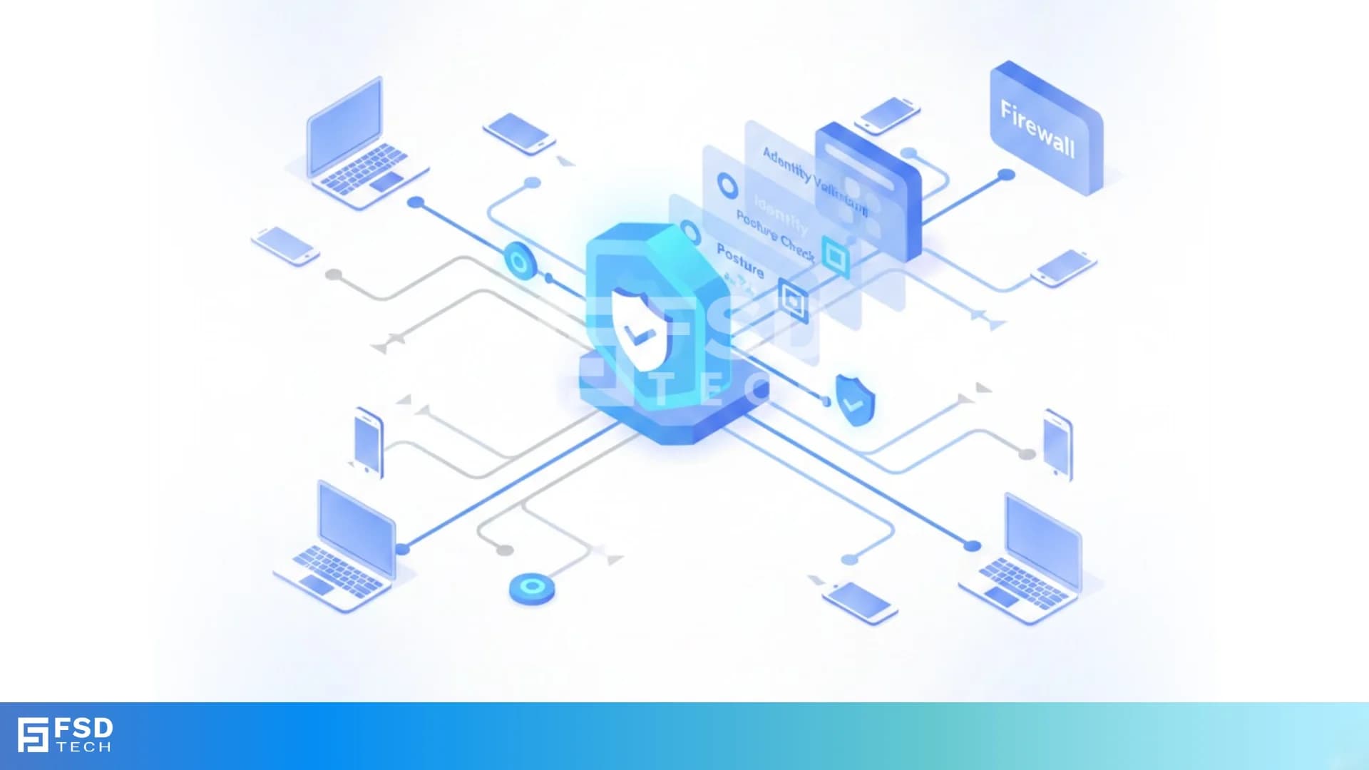 Isometric illustration of a centralized security gateway verifying device identity, posture, and authentication before allowing network connections, representing Zero Trust access control and secure client admission in Cato SASE.