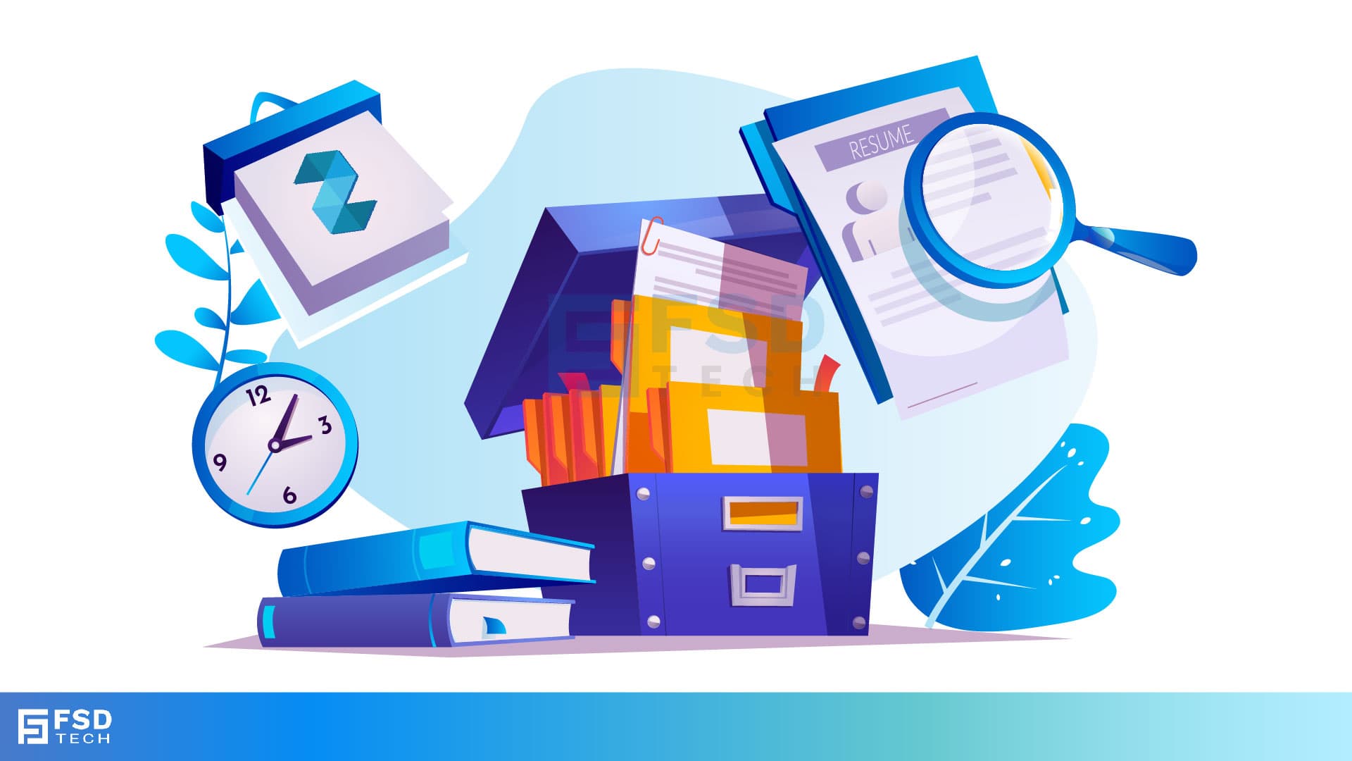 Illustration of digital HR document management with resumes, folders, files, and a magnifying glass, symbolizing candidate evaluation and record organization. Elements include a Zeta-branded notepad, clock, and binders, representing HRMS-based recruitment and asset tracking.